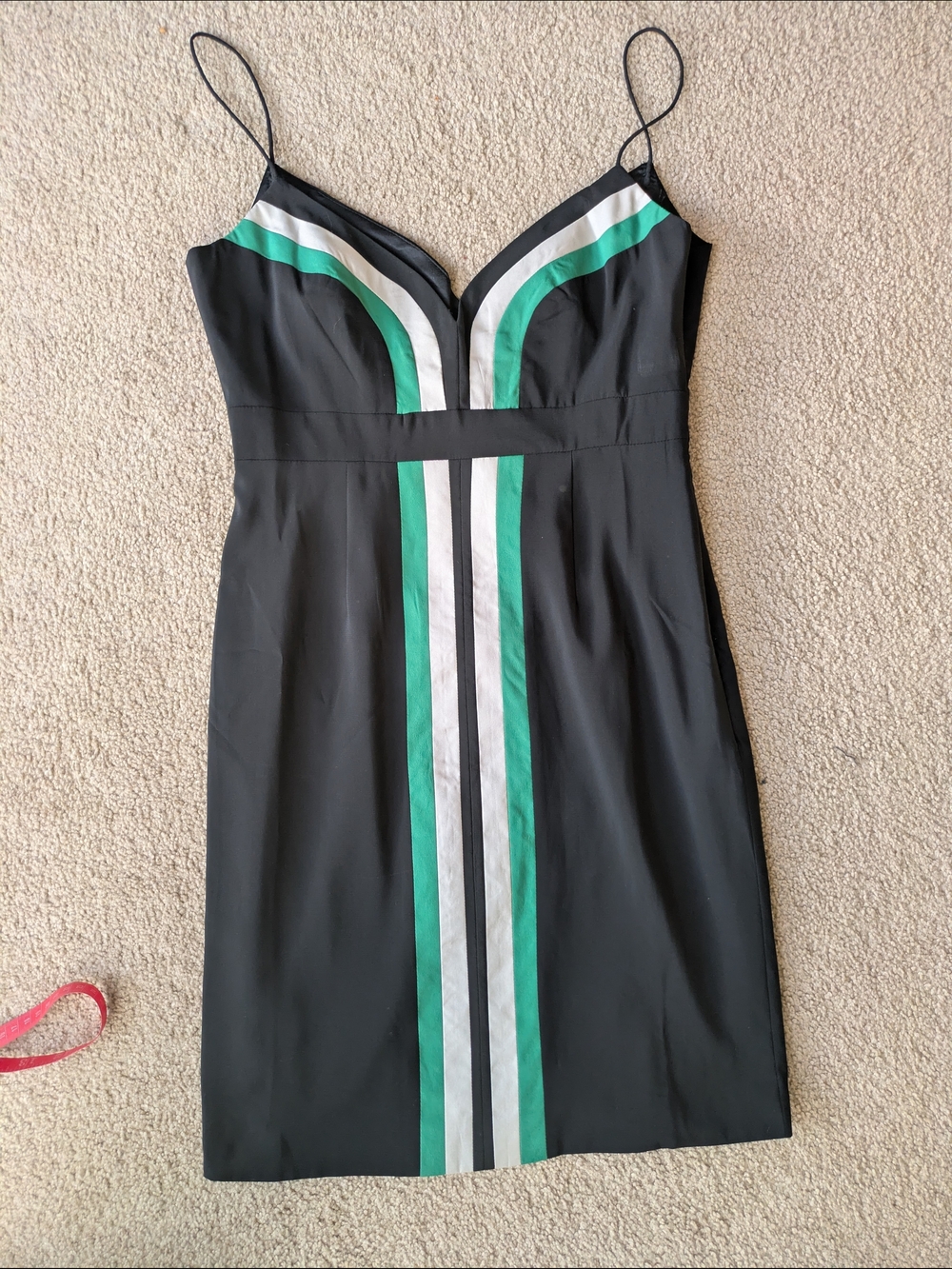 VENUS Mod Body Con Black Mini Sheath Dress with Green & White Stripe Accents